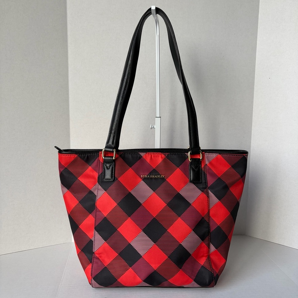 Vera Bradley Small Ella Tote Shoulder Bag Red‎ and Black Buffalo Plaid Nylon EUC